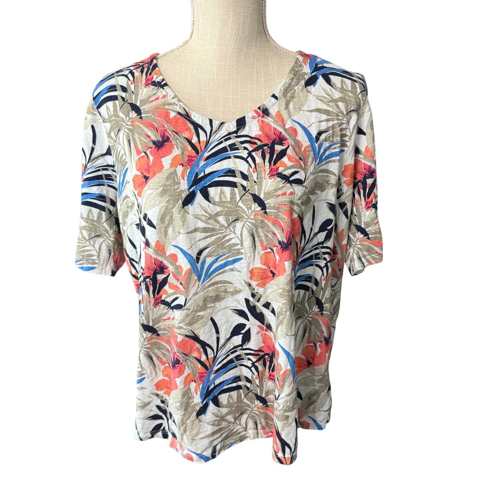 Chicos Tropical Floral Print Short Sleeve Scoop Neck Top Size 3 XL 16/18 Multi